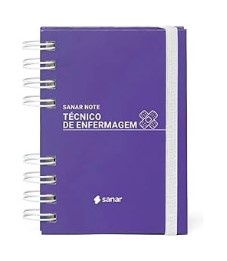 Técnico de enfermagem. Caderno Sanar Note roxo, para estudantes e profissionais de Técnico de Enfermagem, com elástico branco e espiral lateral.