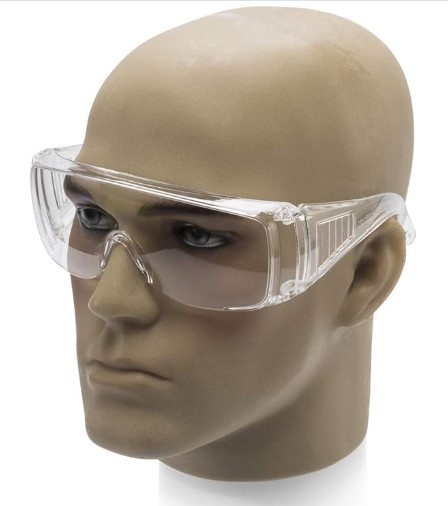 Técnico de enfermagem. : Imagem de um modelo de óculos de proteção em formato grande, com lentes claras e design envolvente.