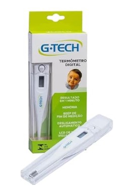 Técnico de enfermagem. Termômetro digital G-Tech na embalagem, acompanhado de estojo protetor transparente.