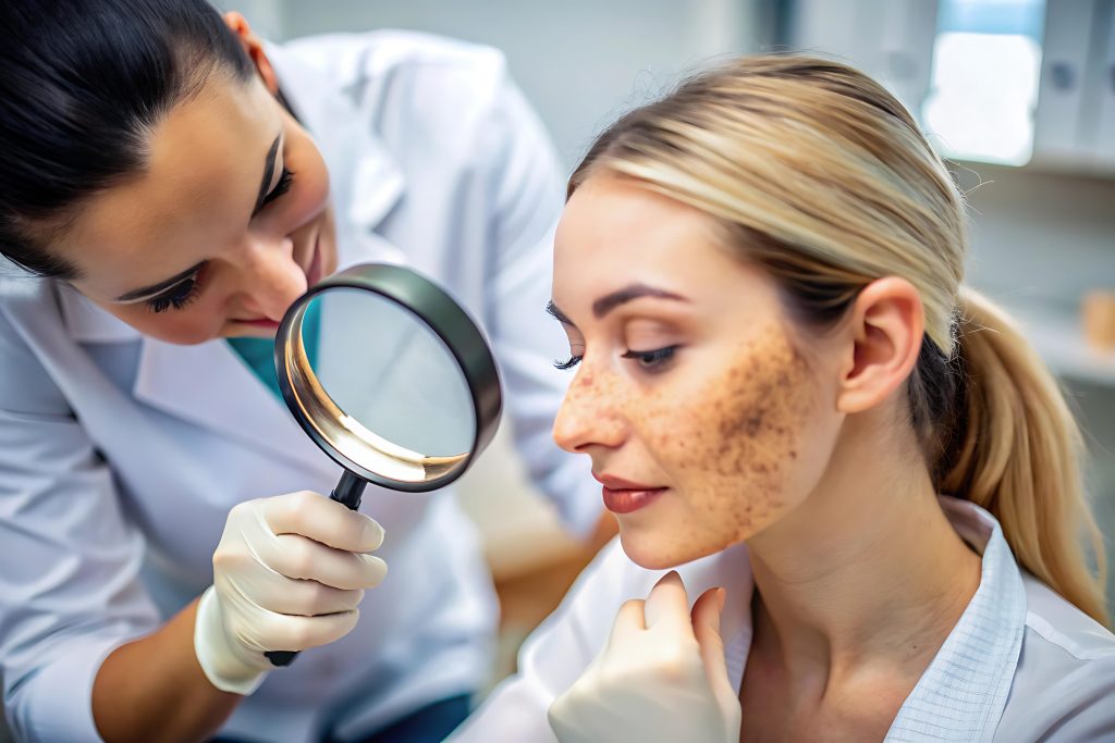 Dermatologista avalia paciente com melasma no rosto para indicar cremes clareadores seguros e eficazes.