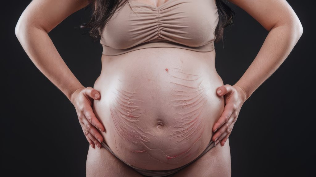 Barriga de gestante com estrias avermelhadas, mostrando como fatores hormonais e genéticos influenciam seu surgimento.
