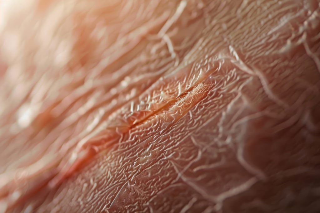Estria em close na pele, mostrando a ruptura das fibras cutâneas e a importância do tratamento precoce.