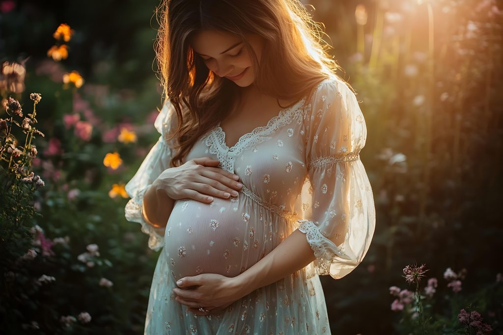 Mulher grávida acaricia a barriga ao pôr do sol, simbolizando a relação entre hormônios da gestação e melasma.