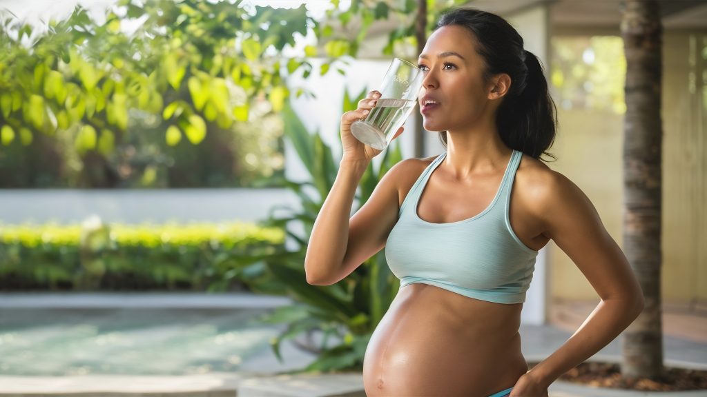 Gestante se hidratando ao ar livre, reforçando cuidados essenciais para prevenir estrias na gravidez.