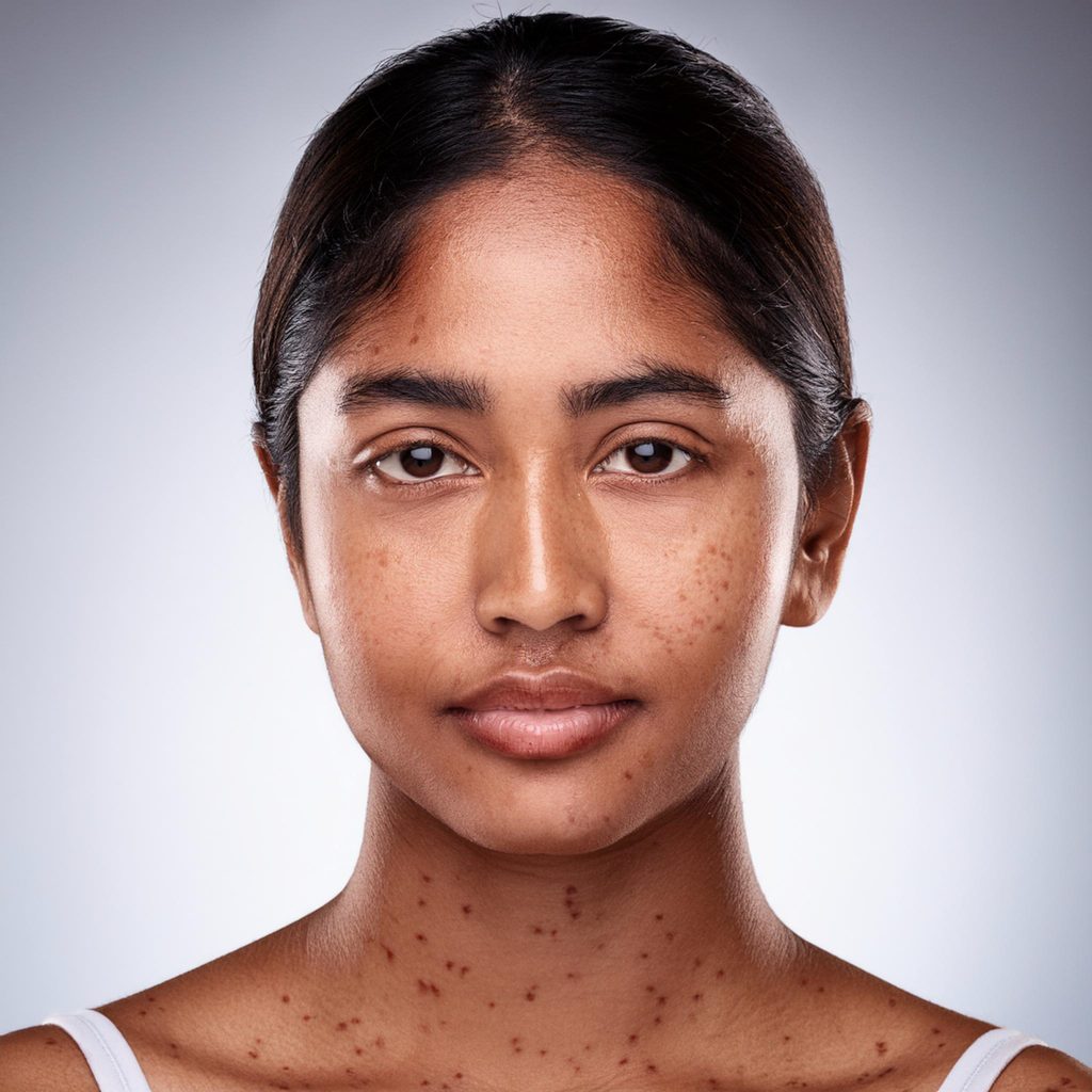 Mulher com melasma e manchas no rosto e pescoço, mostrando diferenças entre melasma e outras alterações de pele.