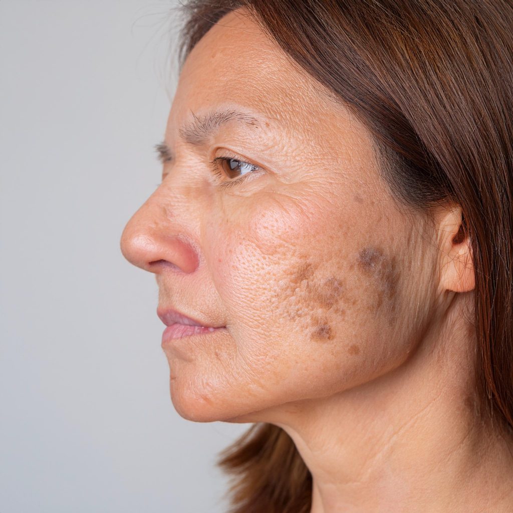 Melasma no rosto feminino, destacando manchas escuras na pele e a importância de cuidados para prevenção e tratamento.
