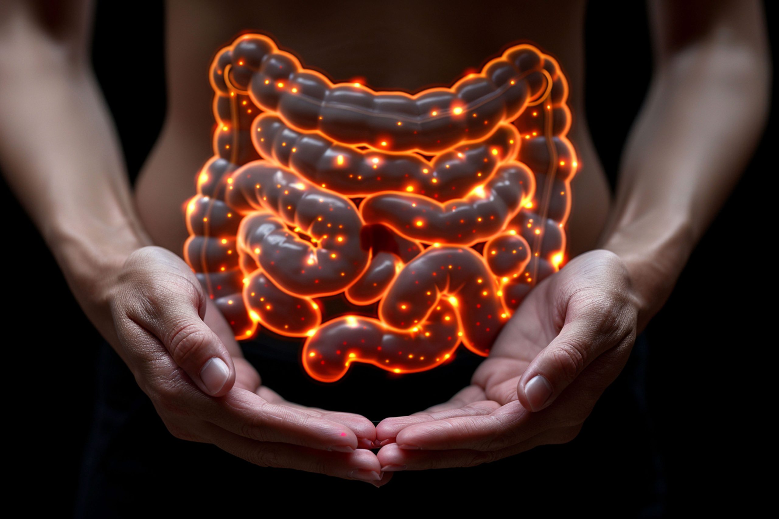 Representação gráfica do intestino humano com pontos de inflamação, destacando o desconforto causado pela prisão de ventre