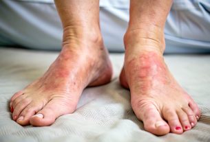 Pés com vermelhidão e descamação causadas por frieira ou pé de atleta, uma micose comum que afeta a pele entre os dedos.
