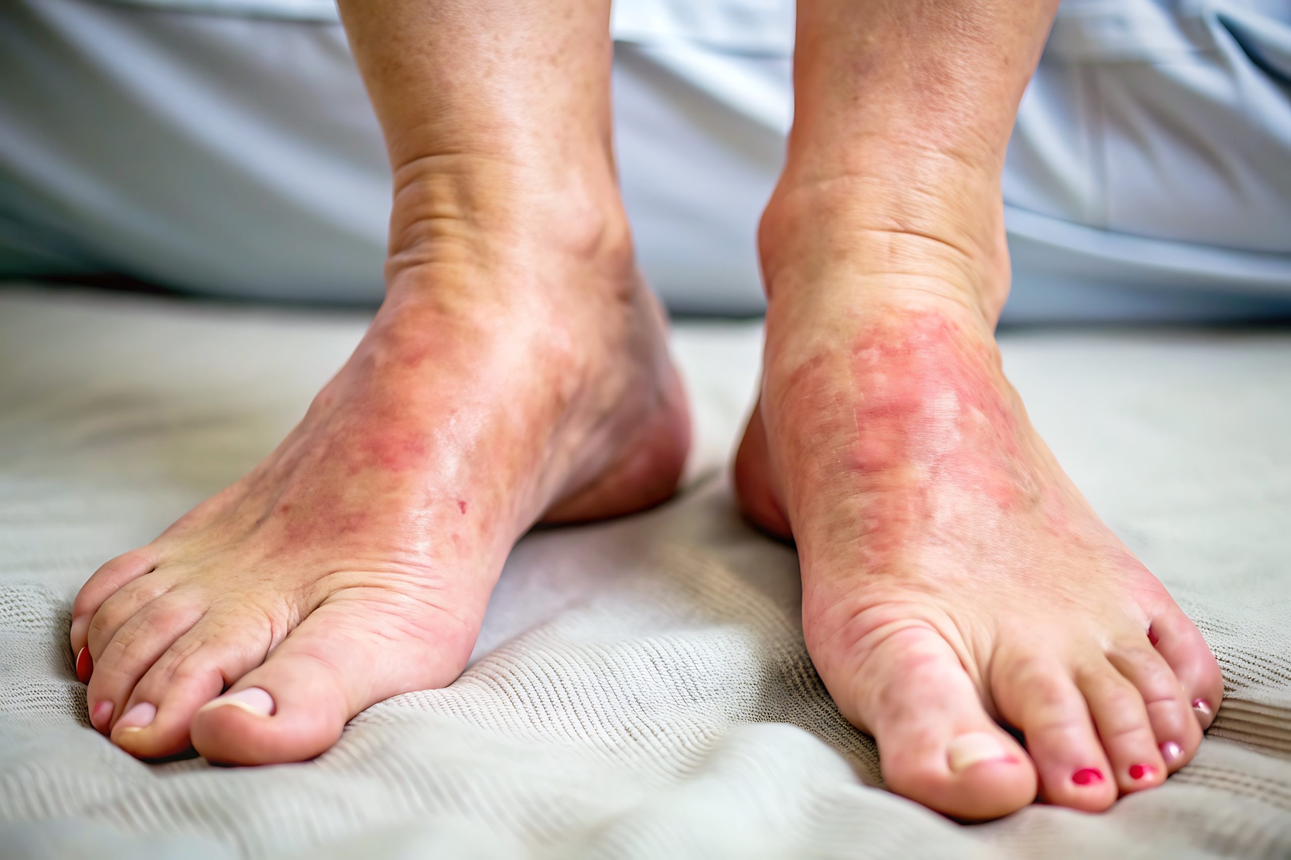 Pés com vermelhidão e descamação causadas por frieira ou pé de atleta, uma micose comum que afeta a pele entre os dedos.