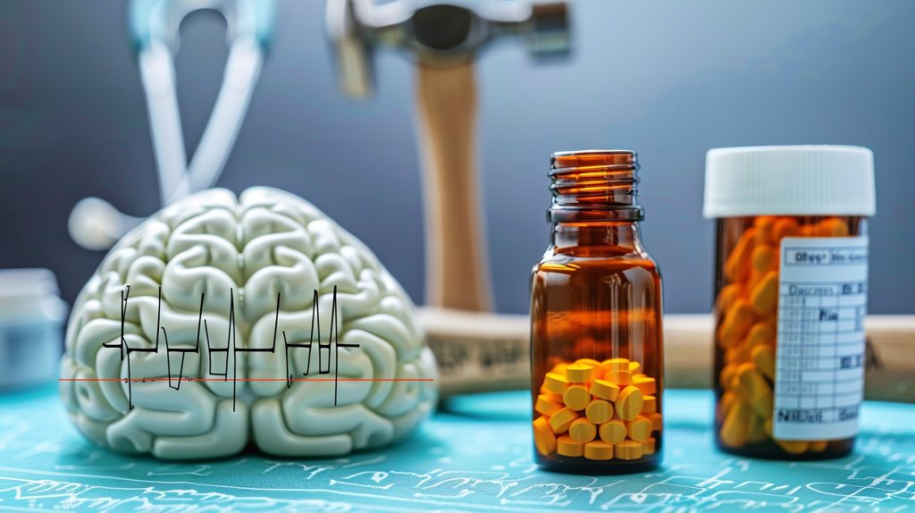 Frascos de medicamentos ao lado de modelo cerebral, representando as opções de tratamento para epilepsia.