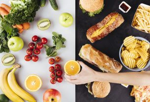 Alimentos saudáveis e não saudáveis em uma mesa, representando as escolhas alimentares a evitar para controlar a diabetes.