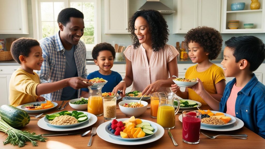 Família reunida consumindo alimentos ricos em fibras para emagrecimento saudável