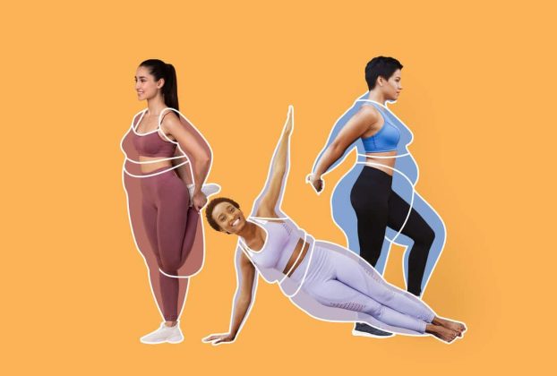 Montagem mostra pessoas após emagrecimento, simbolizando a flacidez da pele em áreas como abdômen, braços e coxas.