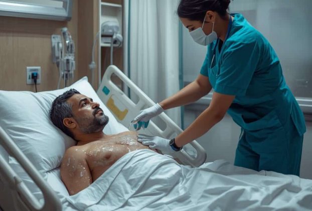 Banho no leito realizado em paciente acamado, garantindo higiene e cuidados essenciais.